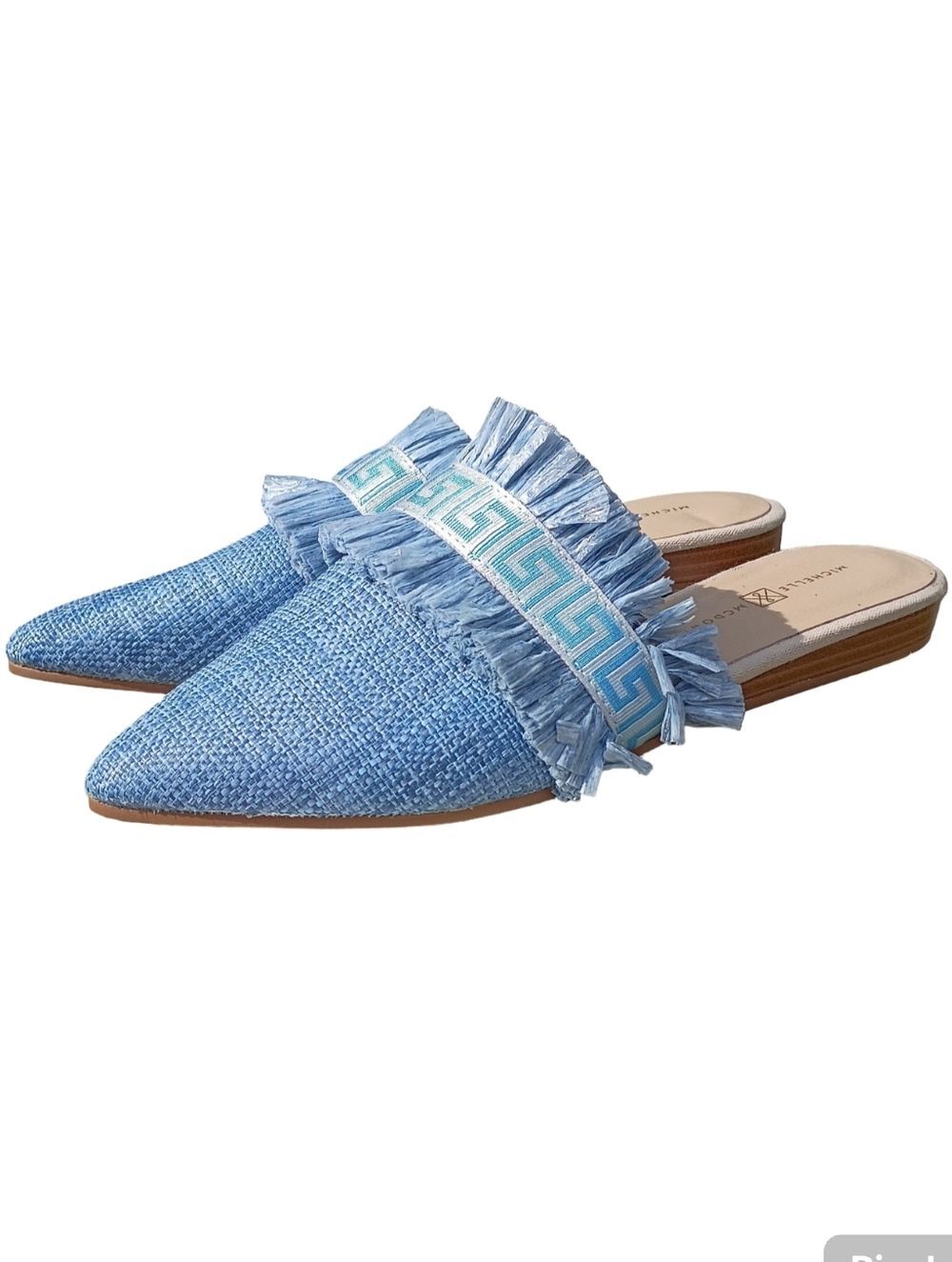 Light Blue Raffia Pointed-Toe Fringe Mules Women's Size 6